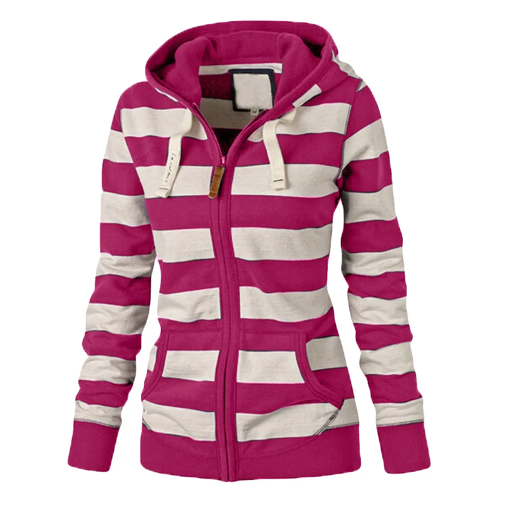 

S-4XL Striped Hoodie Sweatshirt Women Ladies Zipper Tops Hooded Sweatshirt Coat Fashion Casual Plus Size Loose Clothes Women