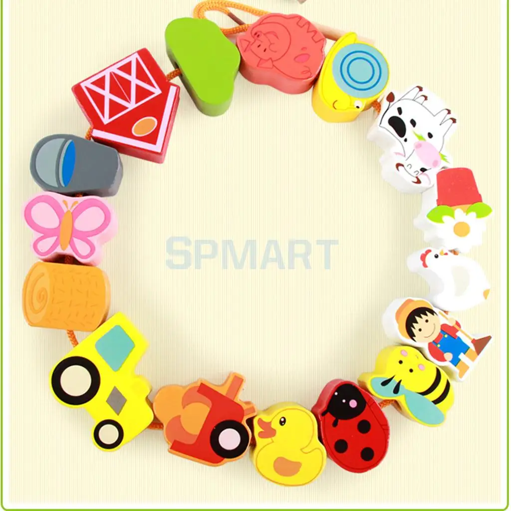 Wooden Cartoon Threading Beads Lacing Game Kids Preschool Edutional Toys - People/City/Farm