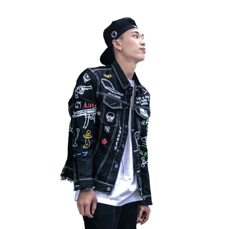 

Autumn for Men Denim Jacket Graffiti Hand Painted Outwear Hip Hop Punk youth Man frayed Cowboy Coat motorcycle Overcoat