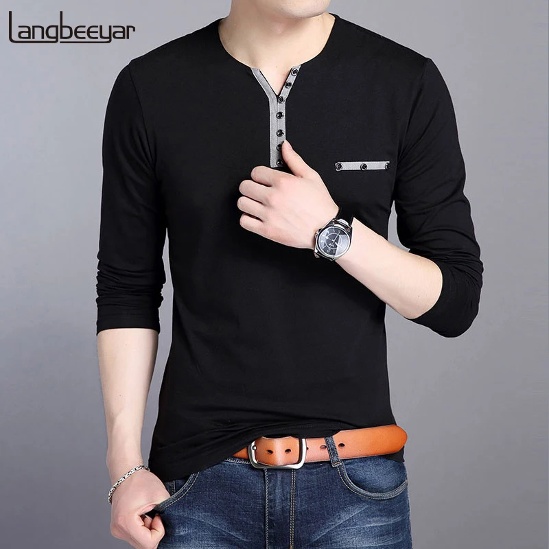 

2019 New Fashion Brand V Neck Tops Solid Color T Shirt Men Button Spring Autumn Tee Shirt Men Fashion Casual Tops Long Sleeve