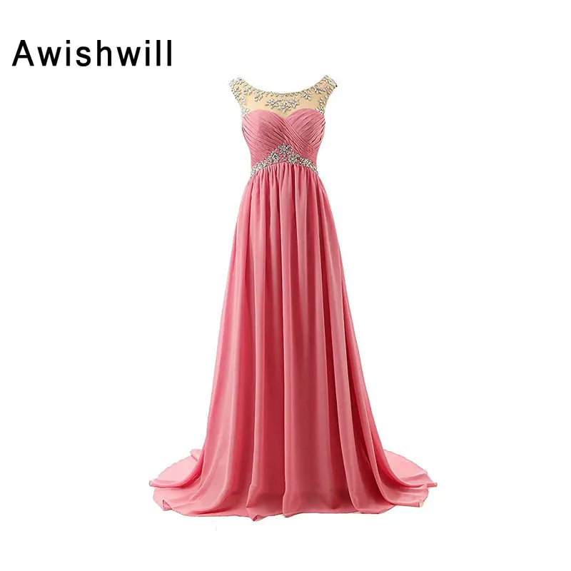 Cheap Evening Dresses with Scoop Neckline Beaded Chiffon Floor Length