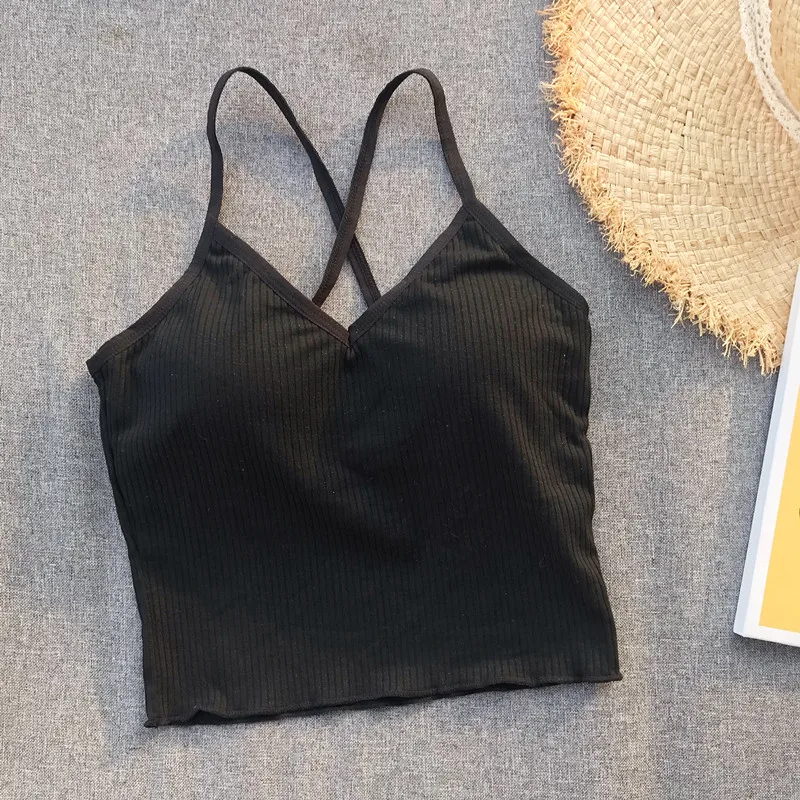 Girls Crossed Straps Short Camis Tops With Seperated Bra Women Padding Tanks Crop Tops For Female