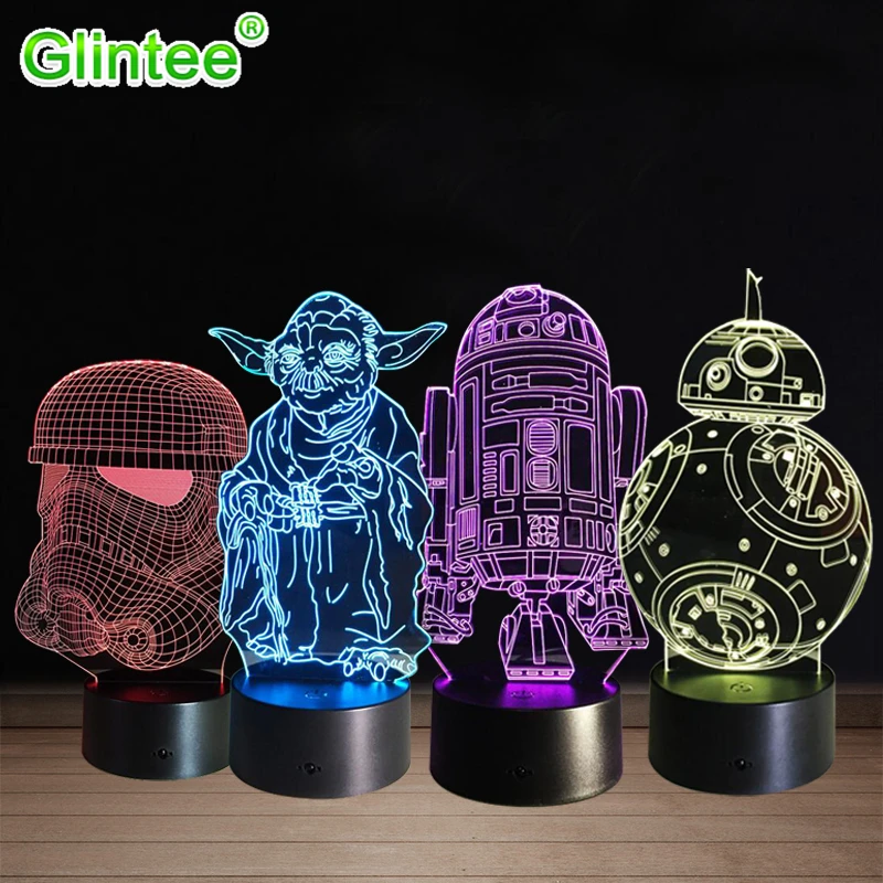 

Star Wars Yoda 3D LED Acrylic Night Light Darth Vader Stormtrooper R2-D2 Robot Master Lamps Cartoon Luminous Baby Touch Lighting