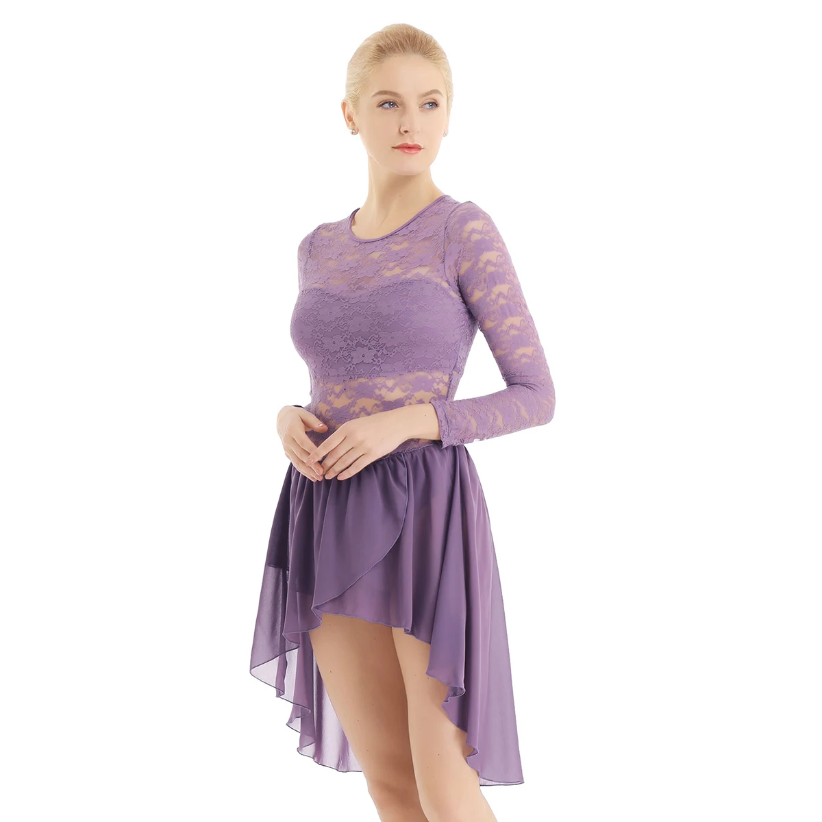 IEFiEL женский кружевной Асимметричный балерина Лирический танцевальный костюм шифоновое гимнастическое трико боди балетное танцевальное платье - Цвет: Purple