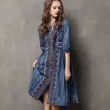 Джинсовое платье в этническом стиле с коротким рукавом, женское летнее свободное синее платье с вышивкой, vestido longo ZX-73