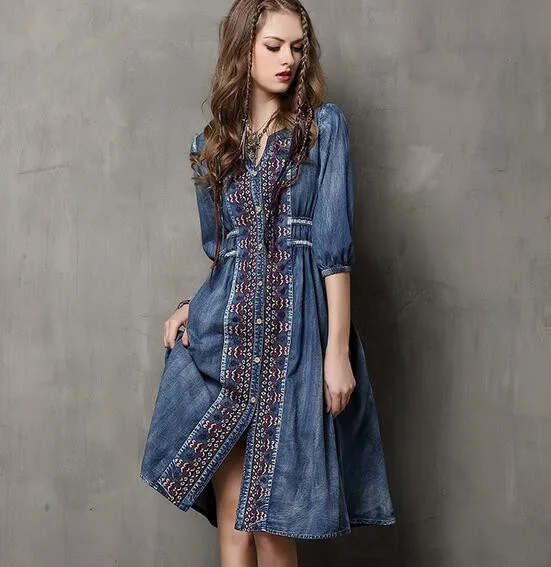 

2019 denim dress ethnic style half sleeve women's summer loose big yards blue embroidered dress vestido longo ZX-73