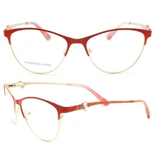 Женская мода Ретро полный обод из нержавеющей стали Роскошные Алмазные украшения близорукость очки черные красные прозрачные линзы оптические очки