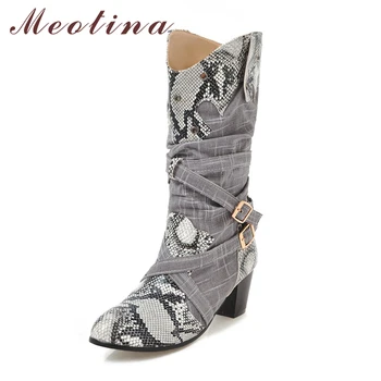 

Meotina 2018 Winter Mid Calf Boots Chelsea Snake Print High Heels Boots Buckle Slip On Ladies Boots Gray Beige Big Size 34-43