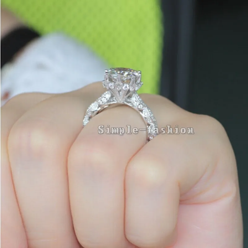 Брендовое дизайнерское Винтажное кольцо с круглой огранкой 3ct 5A Циркон Cz 925 пробы Серебряное обручальное кольцо для женщин