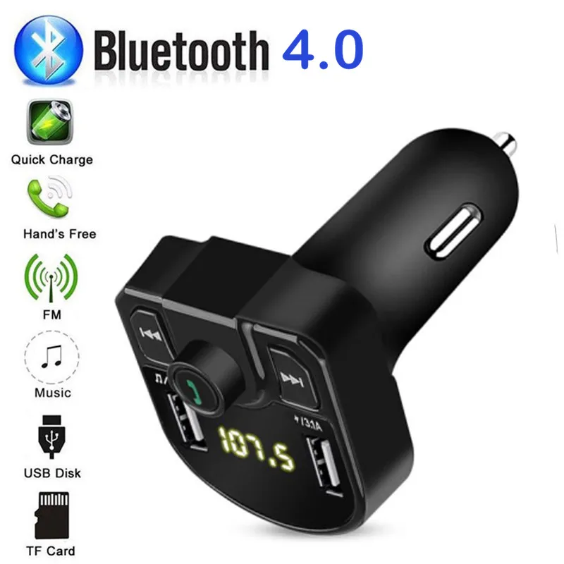 Bluetooth 5.0 Voltage Digital display Car FM Transmitter handsfree dual 2 USB phone Charger 3.1A 1A TF Card U disk MP3 player - Color Name: Bluetooth 4.0