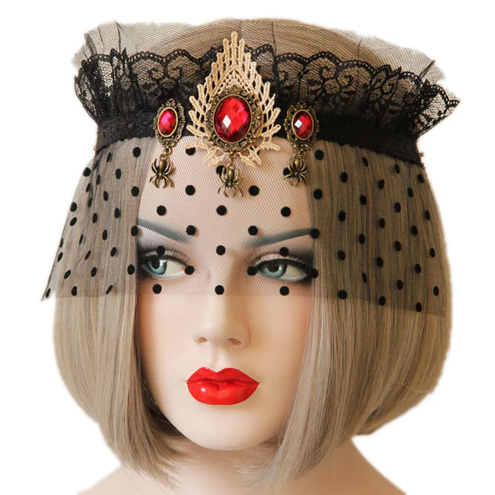 Elegant Lady Half Face Lace Crown Tiaras Cem Black Veil Mask Stretch