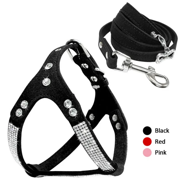 

Soft Suede Rhinestone Leather Dog Harness Leash Set Cat Puppy Sparkly Crystal Vest & 4 ft lead for Small Medium Cats Pets PH015