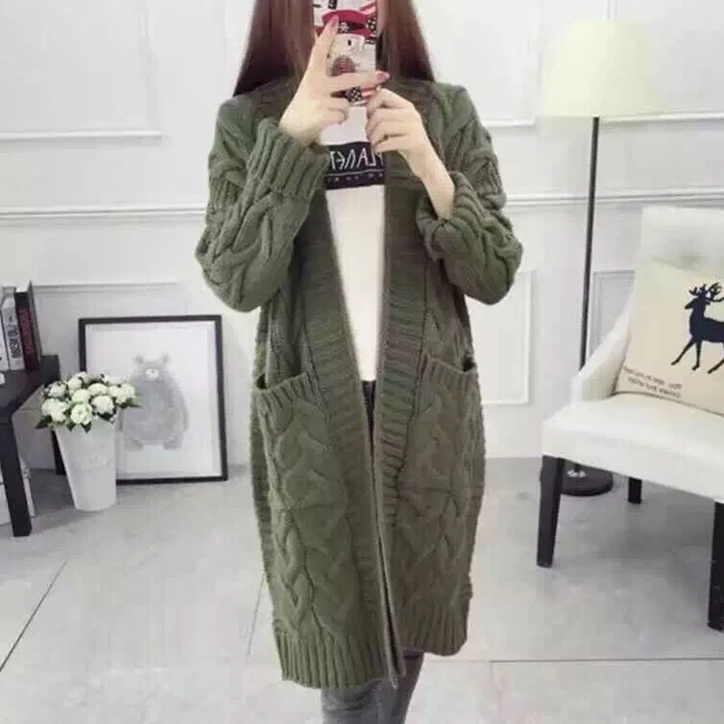 

Fashion Office Lady O-Neck Long Sleeve Cardigans Pockets Long Sweater Loose Cotton Pure Color Europe and American Style2