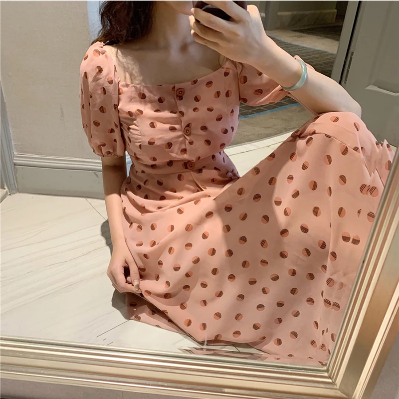 

Vintage Chiffon Dress Women Square Collar Puff Sleeve Ladies Dress Temperament Dot Female Casual A-line Knee-length Dress