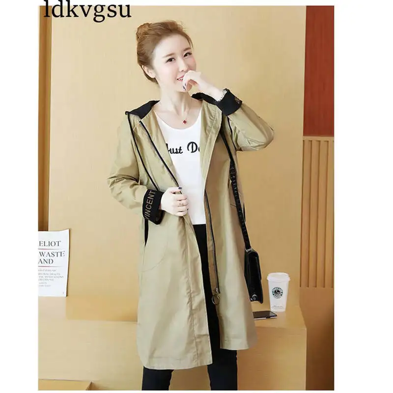 New Windbreaker Female Long Section Spring Autumn Jackets Women Korean Large Size Loose Hooded Casual Coat Ladies V307