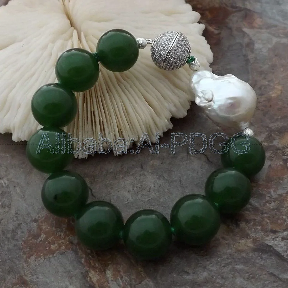 

8'' 16MM Green crystal White Keshi Pearl Bracelet