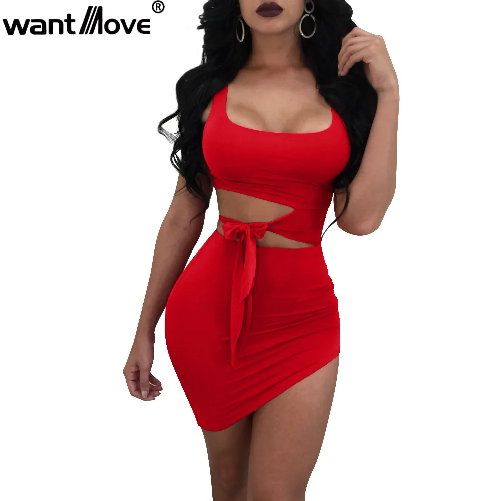 

Wantmove sexy club mini dresses wear 2018 summer fashion bangdage bow hollow out bodycon solid tank dress women clothing JZ216