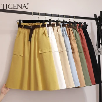 

TIGENA Bud Waist Cotton Midi Skirt Women with Belt Pocket 2019 Spring Knee Length A-line High Waist Office Skirt Female Lady