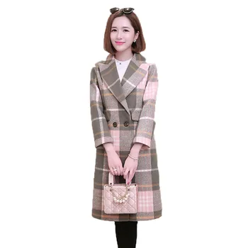 

Autumn Winter Women Woolen Coat 2019 New Fashion Lattice Loose Long Outerwear Jacket Large Size Women Clothing Basic Coats AA551