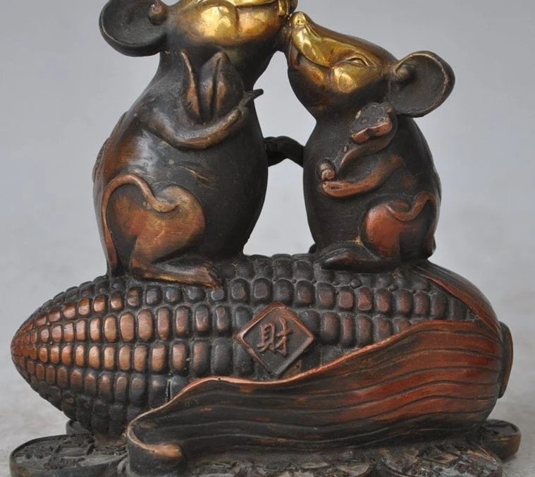 

Chinese Fengshui Bronze Gilt Wealth money coin Animal Mice Lovers Corn fu statue