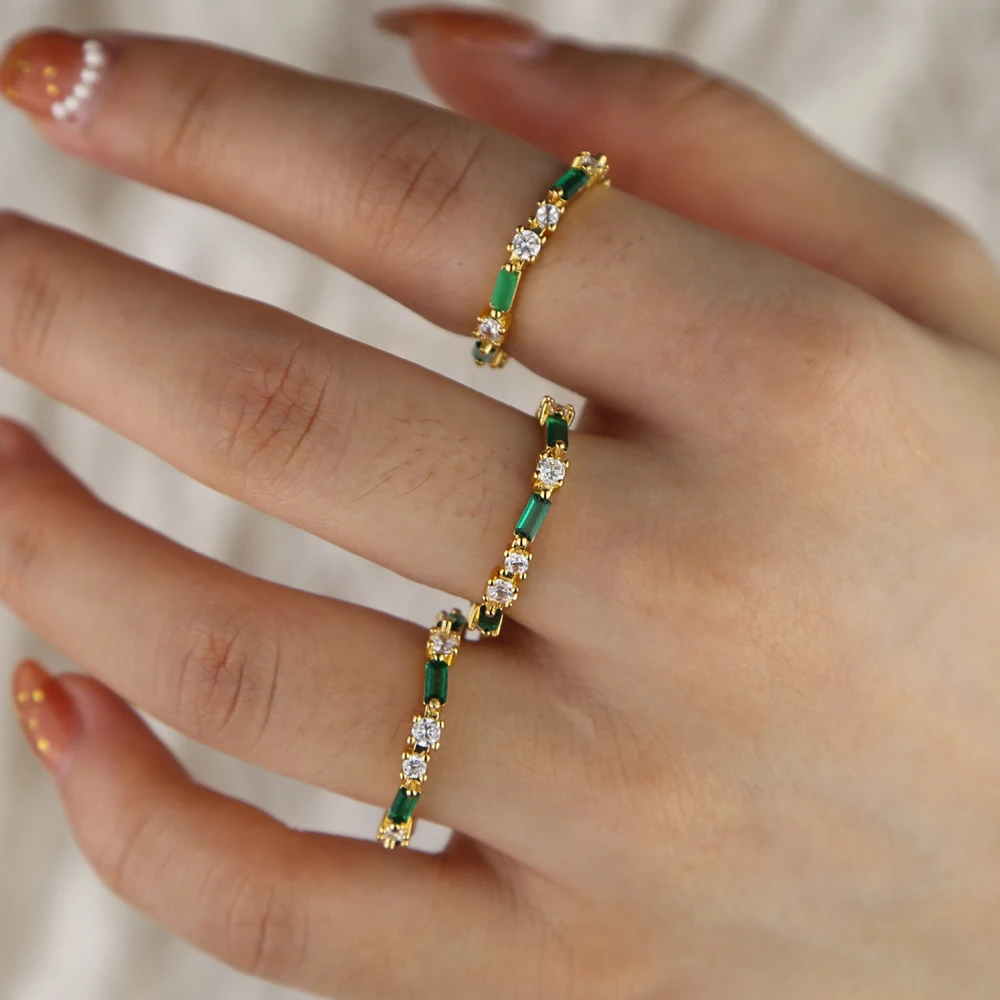 

gold filled Green white CZ Crystal charm Wedding jewelry for women Micro Paved AAA baguette Zircon Engagement eternity band ring