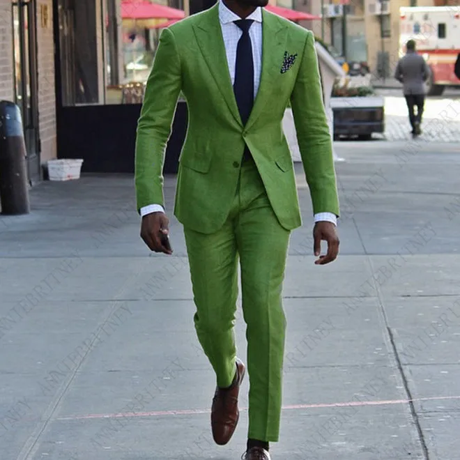 ANNIEBRITNEY Летний зеленый льняной костюм мужской комплект Повседневный приталенный смокинг на заказ свадебные костюмы жениха Блейзер Terno Masculino