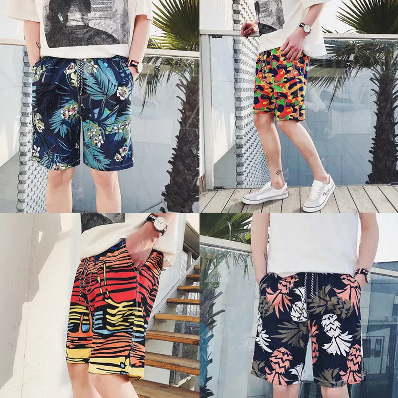 

2018 Newly Summer Fashion Causal Mens Beach Shorts 4 Style Elastic Waist Pattern Print Loose Cotton Shorts Size M/L/XL