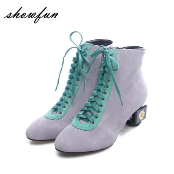 

Women's Genuine Suede Leather Lace-up Thick High Heel Autumn Ankle Boots Brand Designer Mix Color Elegant Ladies Retro Shoes Hot
