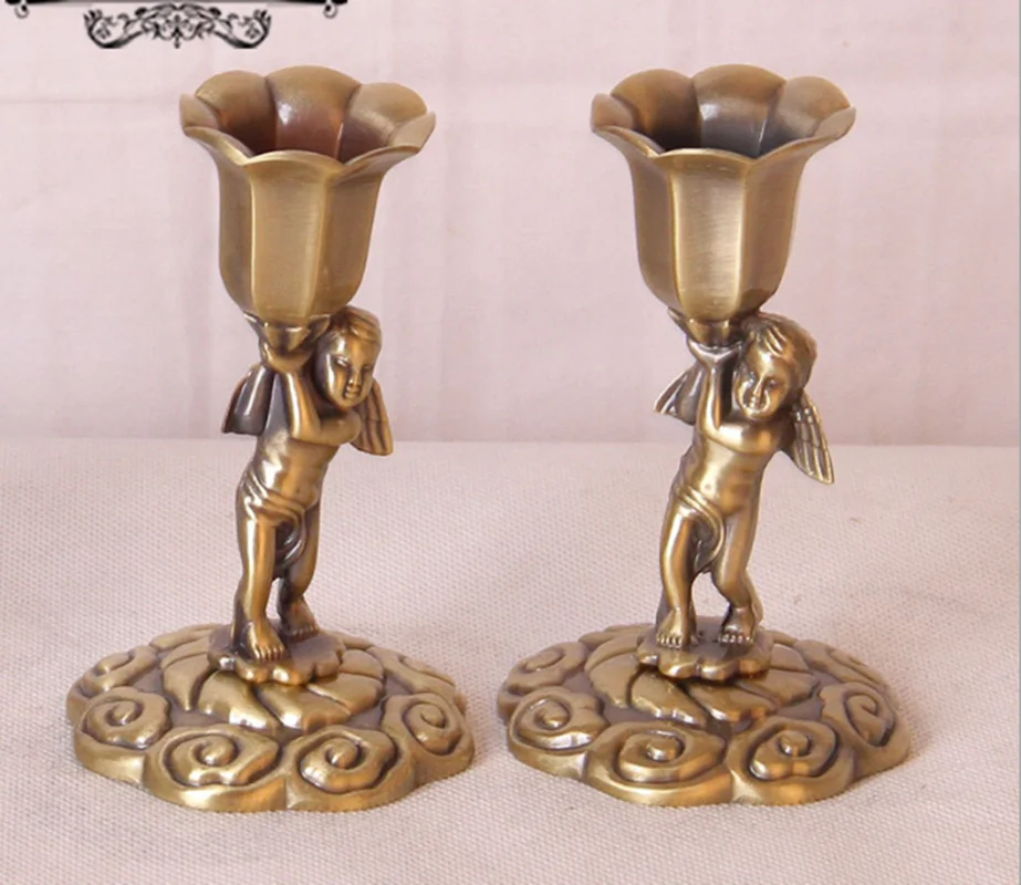 

2 Pcs/Pair 10.5cm(4.1")Metal 3D Embossment Retro Angel Candlestick Pillar Cheap Candle Holder Cup Pedestal Candlelight Dinner