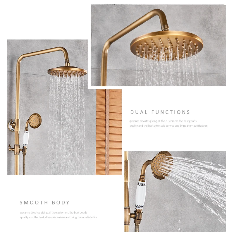 quyanre wanfan antique brass wall mount shower faucet set with commodity shelf dual handles mixer tap with 30cm longness spout bathtub shower faucet3