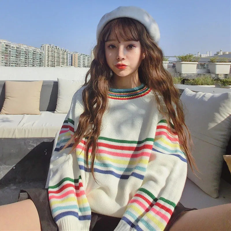 

Colorful Striped Women Sweater Korean Autumn New Fashion Long Sleeve Pullovers Casual Loose O-neck Knitted Harajuku Sweaters