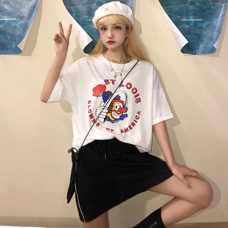 Vintage T Shirt Women Summer Cotton Top Buffoon Clown Printed Harajuku Zaraing Tumblr Tee Shirt Femme camiseta mujer Streetwear