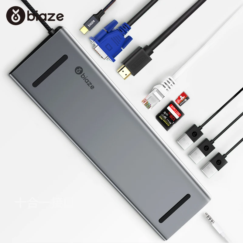 

Biaze Thunderbolt 3 Dock USB-C Hub Type C to HDMI USB 3.0 RJ45 10 in 1 Adapter for MacBook Samsung S8 Huawei P20 Pro Card Reader
