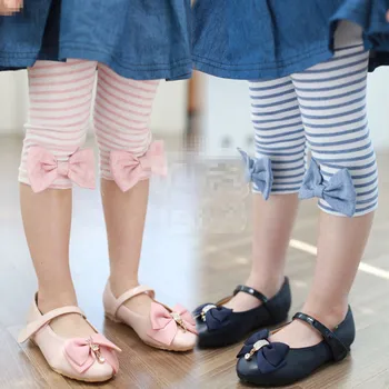 

2019 Hot Summer 2 3 4 5 6 8 9 10 Years Old Children Birthday Capris Patchwork Kids Girls Bow Striped Half Knee Length Leggings