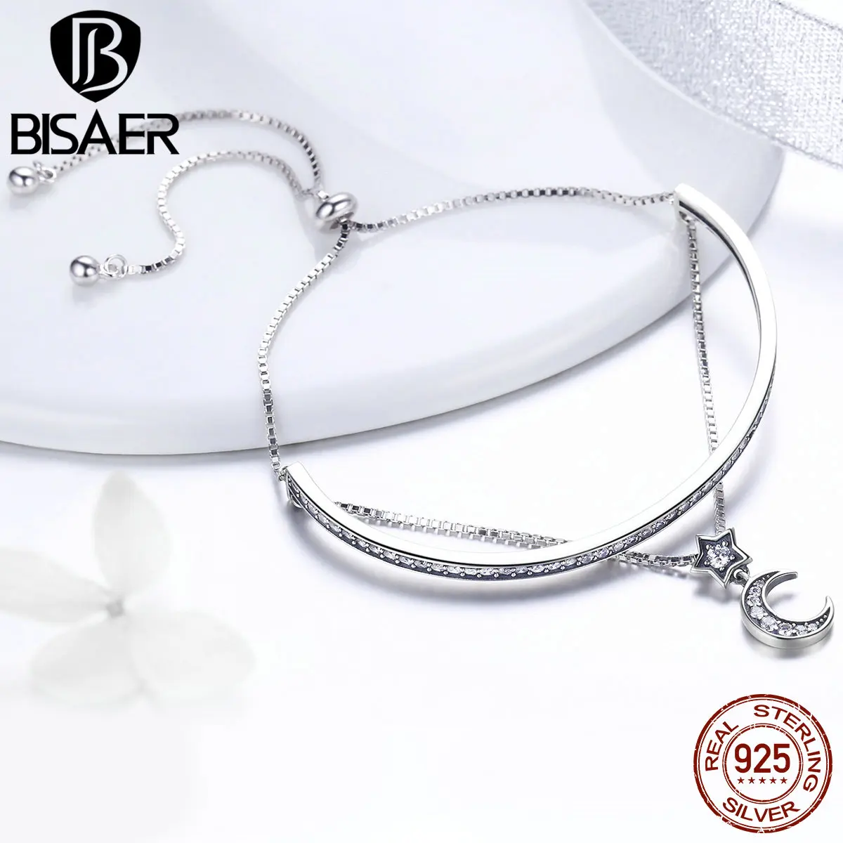 BISAER 925 فضة القمر نجمة مزدوجة طبقات تنس أساور أساور للنساء واضح مكعب الزركون غرامة مجوهرات ECB109