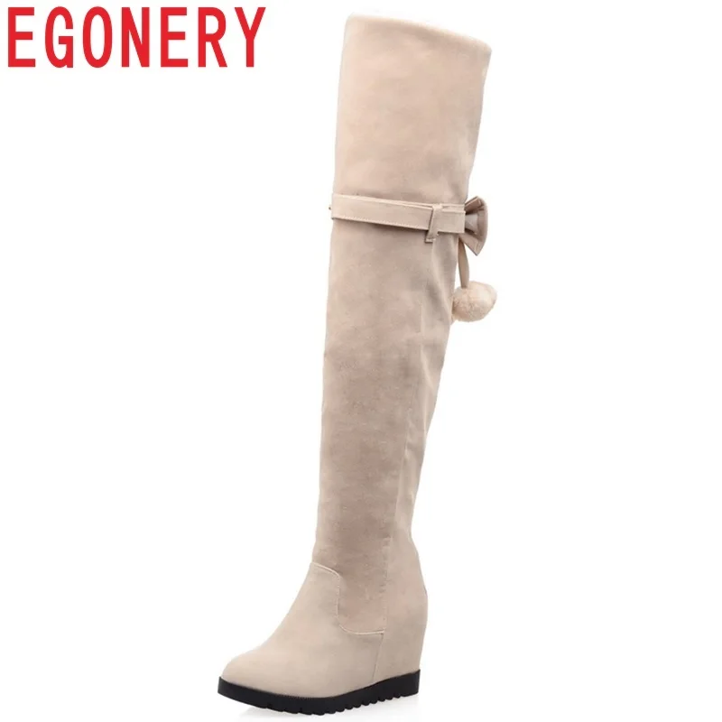 

EGONERY hot sale 2019 newest winter plush warm round toe women shoes super high height increasing zipper bowties over knee boots