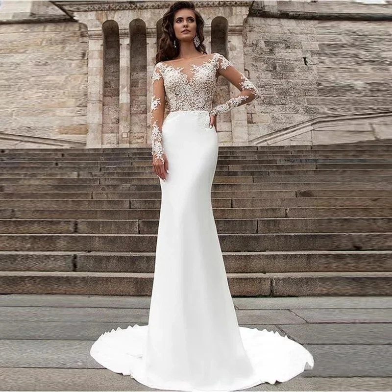 

Custom Make Long Sleeve Sheath Wedding Dress Illusion Neckline