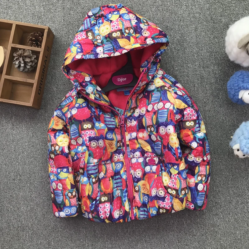 Girls' hooded and velvet warm coat kids Owl doodle cotton coat