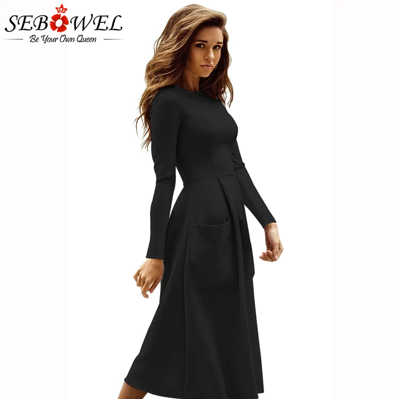 Black-Bateau-Collar-Casual-Big-Pocket-Skater-Dress-LC61799-2-2 