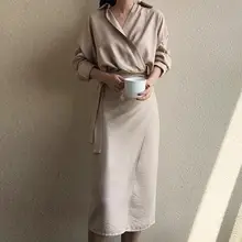 Осень Элегантный V шеи сплошной бинты Bodycon длинная рубашка платье
