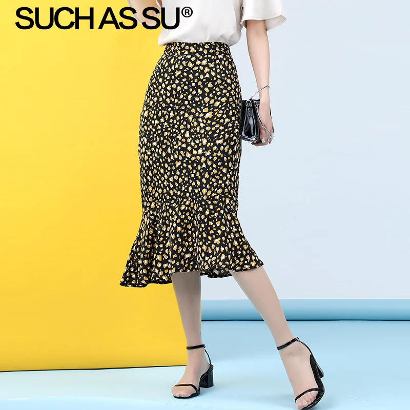 Yellow skirt Новая шифоновая Женская юбка-Русалка, летняя черная желтая юбка с высокой талией и принтом в горошек, S-3XL размера плюс, Женская юбка миди с оборками - Цвет: Yellow skirt