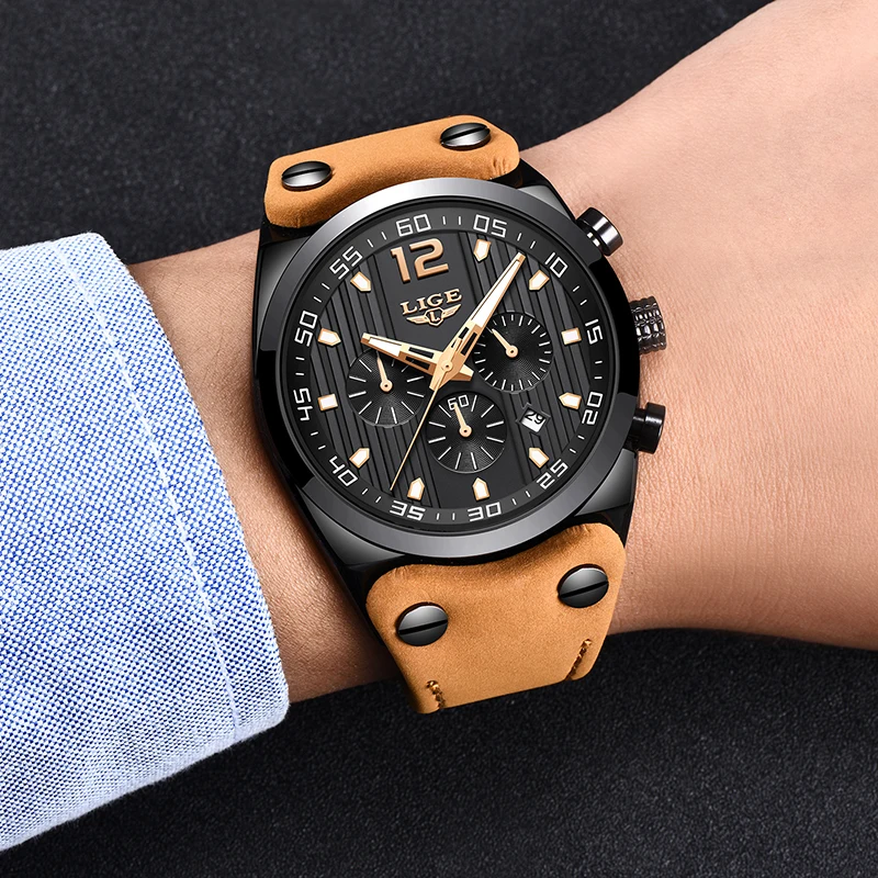

LIGE Men Waterproof Quartz Watch Mens WatchesTop Brand Luxury Chronograph Male Casual Leather Sport WristWatch Relogio Masculino