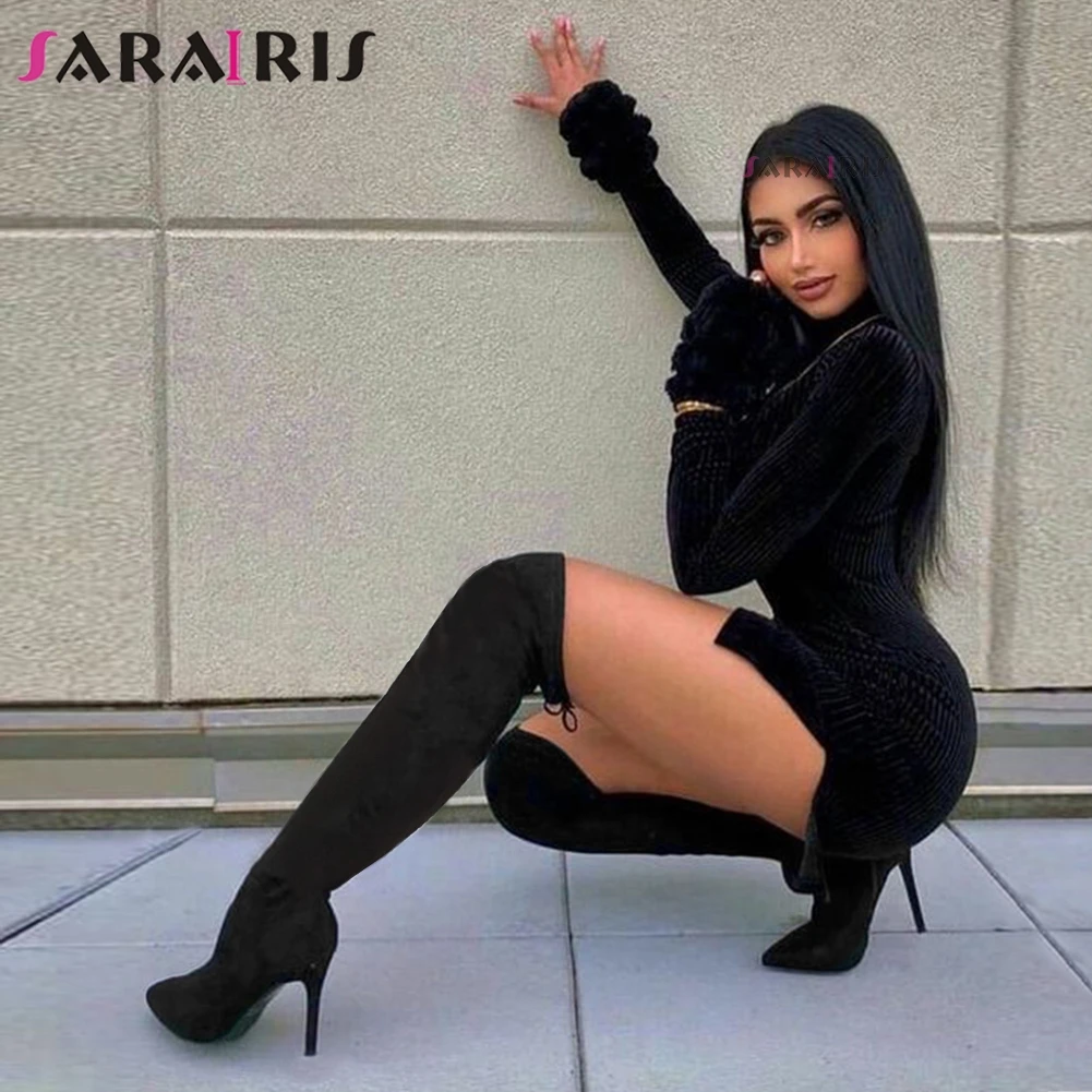 

SARAIRIS 2019 New Sexy Anti-shedding Over The Knee Thigh High Boots Women 34-43 Black Pointed Toe High Heels Boots Shoes Woman