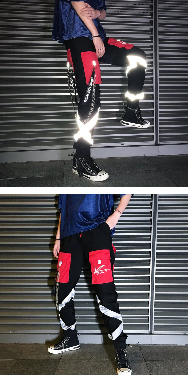 Для мужчин 3м Reflective металлической цепью шаровары Штаны мужской Для женщин уличная одежда в стиле «хип-хоп», «панк» Повседневное брюки-карго и детей постарше мягкие тренировочные Штаны