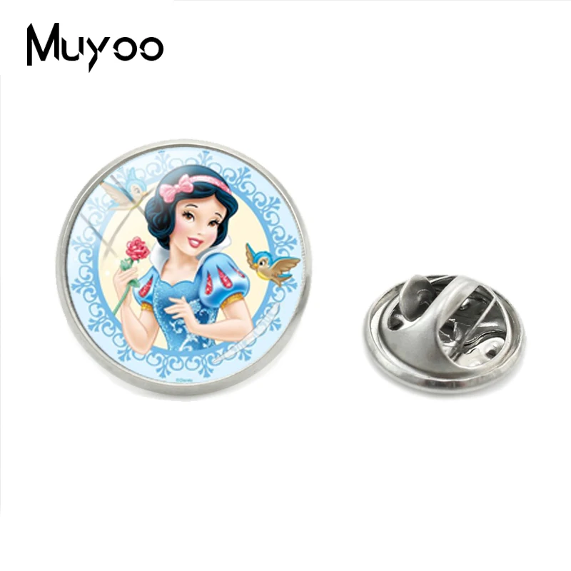 

2018 New Arrival Fashion Silver Metal Lapel Pins Trendy Glass Round Cabochon Art Snow White Photos Collar Pins Gift For Women