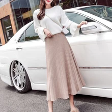 Buenos Ninos, осенняя и зимняя новая женская юбка с высокой талией, Ретро стиль, однотонная, плиссированная юбка, свободные, тонкие, вязаные юбки