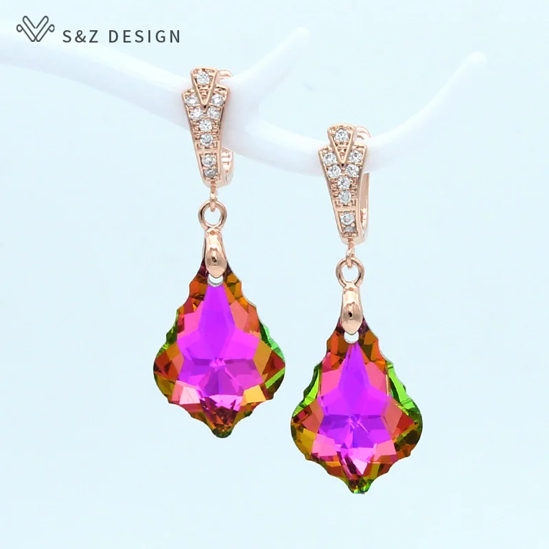 S&Z DESIGN New Fashion Imitation Crystal Water Drop Dangle Earrings For Women Wedding Party Gift 585 Rose Gold Color Eardrop