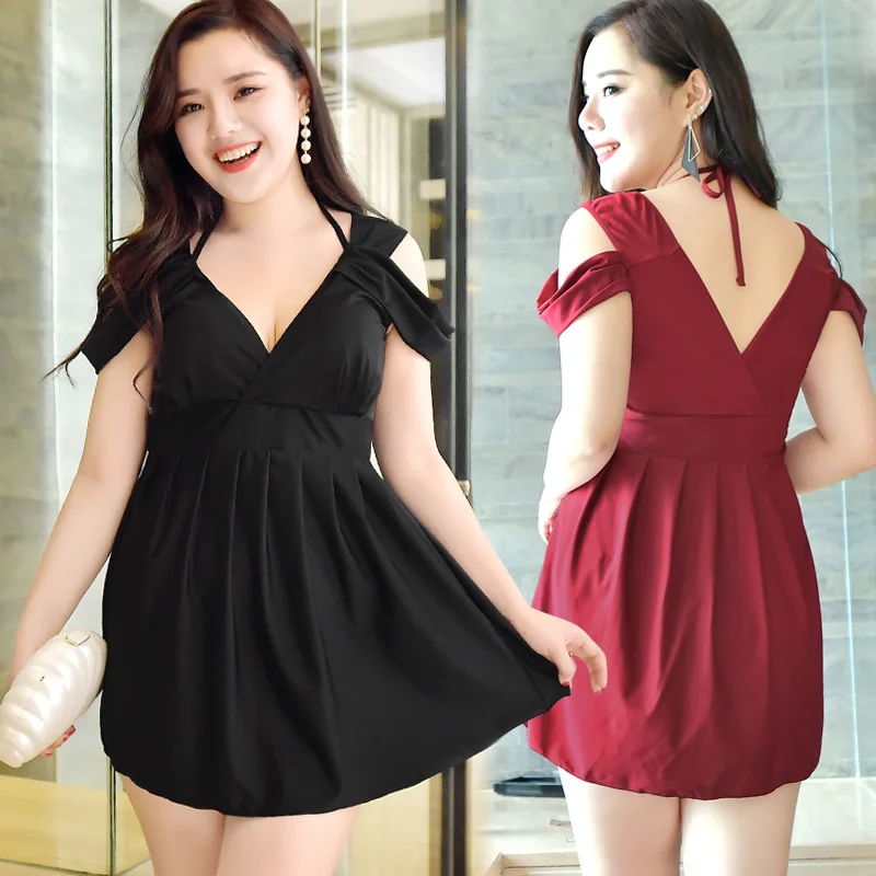 

Sexy Deep V Large Size Black Swimsuits Two Piece Padded Swimwears Women Solid Ruffle Halter Shouderless Boxer SwimDress Skirts