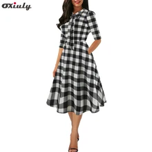 Женское винтажное черное лоскутное клетчатое платье с принтом, платье трапециевидной формы с рукавом до локтя, женские вечерние платья с завязками на шее, повседневные платья для вечеринок Oxiuly