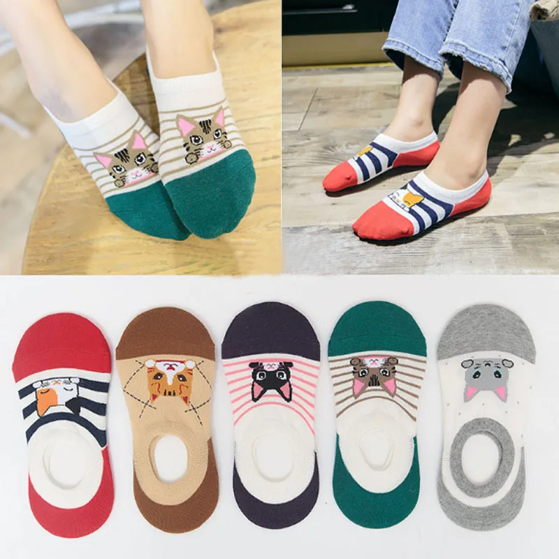 

5Pairs Women Cartoon Cotton Socks Funny Animal Short Set Socks Breathable Female Harajuku Ankle Sock